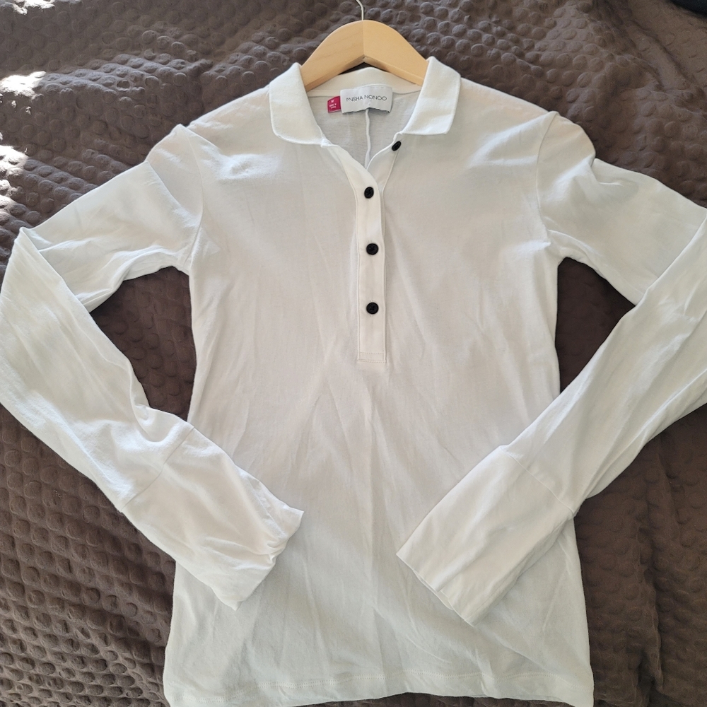 Misha Nonoo, ‎ Tuesday Long Sleeve Collared Polo Shirt Top, White, Size M